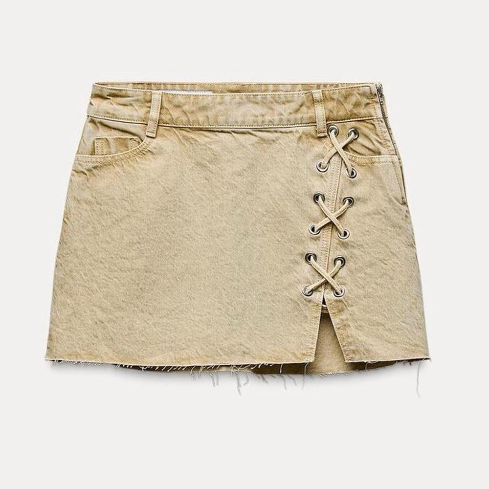 NWT Zara Lace Up Slit Raw Hem Denim Mini Skirt in Washed Khaki - XL
